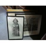Two framed watercolours, two framed engravings and a set of two pen and ink drawings in a bi-fold