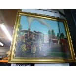 A large gold framed painting by MacDowell of a steam engine at the fun fair