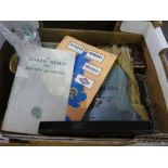 Box of collectables including Morris Minor 1000 Manual, laquered box, lead figures, etc