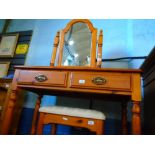 Waxed pine dressing table, with 2 drawers, mirror and a matching stool