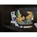 Shelf of Coalport porcelain ladies, 19th century model of two boys and model of 2 squirrels by