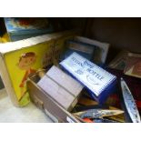 Vintage case full of miscellaneous items to include vintage till and toys, books, puzzles, etc