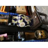 Hardwood table, large vase and selection walking canes