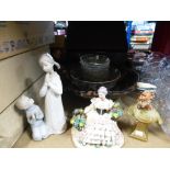 Small quantity of mixed ceramics including large pottery bowl, glass bowls and figurines