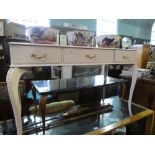 French style white painted 3 drawer ladies desk with tooled leather insert on splayed supports and