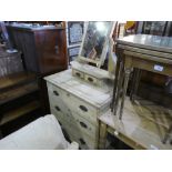 Stripped pine dressing chest with mirror above 2 mini and 3 long drawers on bracket supports