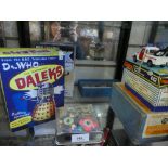 Small shelf of childrens vintage toys to include Dr Who, Daleks, 007, game chips, 1940's Dinky no 42