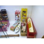 Two Pelham Puppets in boxes, Muhammad Ali figure boxed, Swift electric motor boat boxed and a