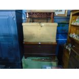 Stripped pine blanket box, mahogany example, another and carved mahogany console table