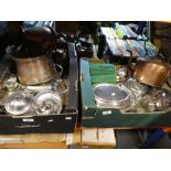 Two boxes of silver plate including cruet set teapot, candlestick, coffee pot, etc and copper