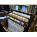 Box of pictures including oil paintings, watercolours, oriental silks, mirrors, etc
