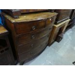 Mahogany bow front chest of 2 short above 3 long drawers with brass pulls on bracket supports AF