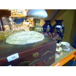 Oriental style jewellery box, pair dee glass vases, brass oil lamp, etc
