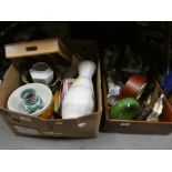 Five boxes of mixed china, glass and sundry items including pewter vases, etc