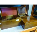 A wooden boxed tea caddy and two other wooden boxes