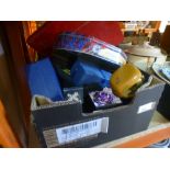 A box of mixed items to include a stamp album, a tin of loose stamps, travel clocks, watches, etc