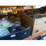 Two boxes of mixed china and glass to include Devon pottery, Samford ware, glass clown, boxed LCD