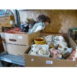 Box of mixed ceramics including Royal Doulton figure, Nat West pig, box of dolls, technical