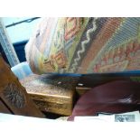 Large box of mixed treen, tapestry cushion large fan