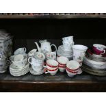 Shelf of mixed china including Wedgwood, Coalport, Bavaria, Midwinter etc