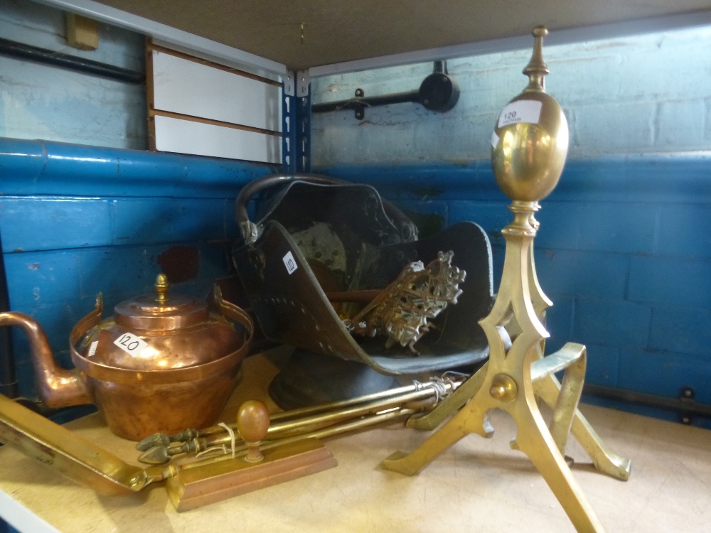 A large copper coal skuttle, copper tea pot, brass fire utensils, brass fire dogs