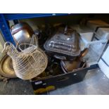 A box of mixed metalware to include silver plate serving dishes, window latches, clock parts, etc