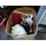 Box of mixed glass and china including white crystal pink decanter, etc