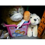 Crate of childrens toys to include Kell toy dog, lion mask and case of vintage linen, etc