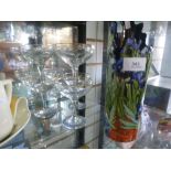 Six Babycham glasses and a Beswick vase of Iris flowers design