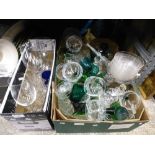 Two boxes of mixed glass to include etched bowls, glasses, decanters and vases