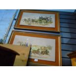 Two engraved and painted pictures depicting carriages