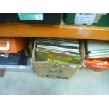 Two boxes of LPs to include movie soundtracks, country classics, etc and knowledge magazines,