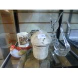 Two glass ornaments, pottery jar in lid, Coalport mug, ceramic glazed bird, etc