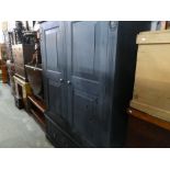 Blue painted pine large 2 door wardrobe above base drawer