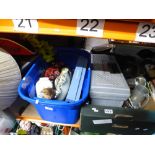 Three boxes of mixed items including china lamps, Wedgwood platter, CDs, boxed garden bowls etc