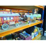 Three hand crafted Gypsy caravans constructed from lollypop sticks, plus a china horse