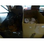 Box treen to include oriental figures, vintage golf clubs, 2 boxes mixed china and box of sundry,