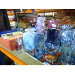 Quantity of glassware including cut glass jug, decanter, Silvestri vase, etc, and a Poole pottery