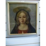 An antique oil of religious style, female, unsigned, 34.5 x 38 cms