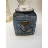 Troika; a small square vase, 9 cms
