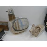 An Italian 20th century naive pottery bird and a similar dish in the form of a goat by Bitossi