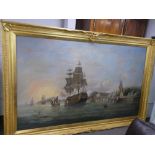 A large oil of HMS Victory, off Ryde, Isle of Wight, 1879 - relined - one