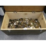 A wooden chest containing many thousands of mixed coins, mainly 20th century GB
