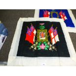 Two similar silk and embroidered Military panels, each decorated four flags, Thistle and flowers,