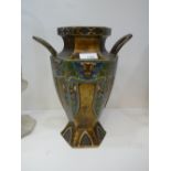 A Chinese brass hexagonal vase with enamel decoration, 29.5cms