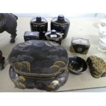 An oriental black and gilt lacquer and other various lacquer items