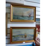 Two similar antique oils of boats off shore, both signed, lower left but indistinctly, 45 x 25 cms