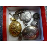 Gilt pendant, silver heart locket, oval example etc