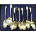 Set of eight Georgian Scottish silver tablespoons, handles engraved initial 'R', maker's mark