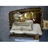 Box costume jewellery, compacts evening bags, plated cutlery etc
